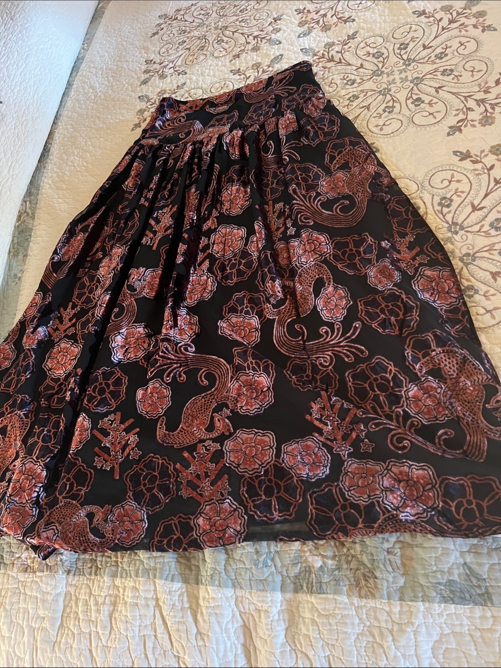 Scotch & Soda Black Midi Skirt with Rose Floral Paisley Print. Velvet Burnout
